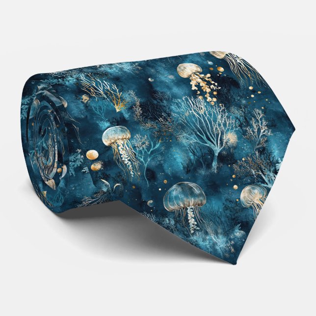 Gravata Lux Ocean Jellyfish & Coral Gold Pattern (2) (Rolled)