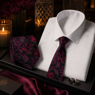 Gravata Luxo Burgundy Preto Damask Floral Seamless 