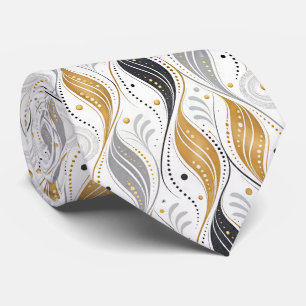 Gravata Luxo Dourado Prata Preto Padrão Abstrato Art Déco