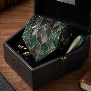 Gravata Luxo Esmeralda Verde e Preto Mármore Dourado