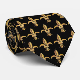 Gravata Luxo Falso Seda Preto Dourado Flor de Lis