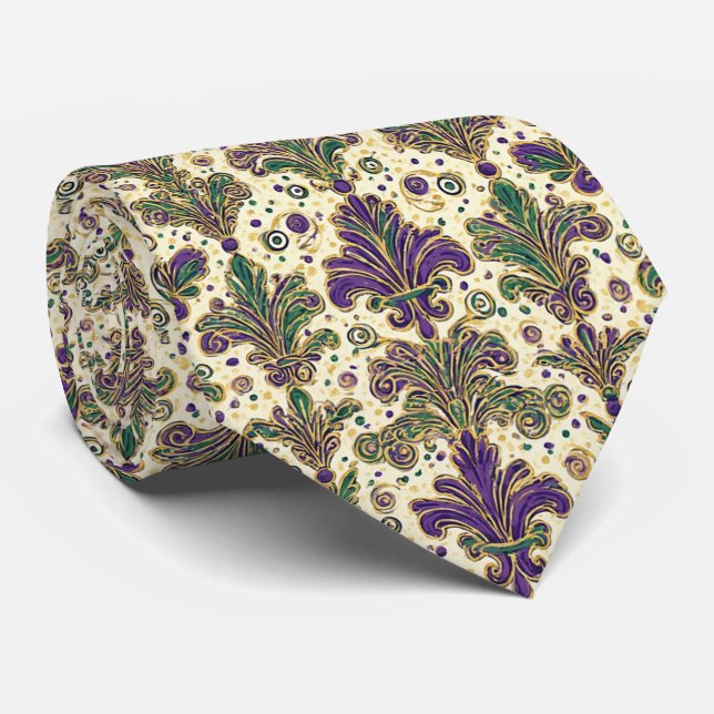 Gravata Luxo Mardi Gras Verde Roxo Dourado Fleur De Lis  (Rolled)