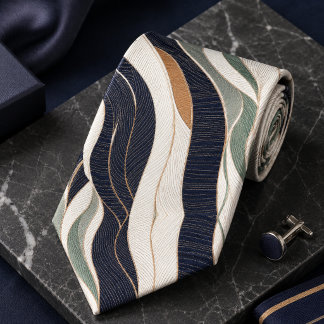 Gravata Luxo Onda Abstrata Azul Naval Verde Salvia Bege