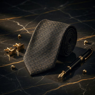 Gravata Luxo Ônix e Geométrico Micro Padrão Dourado