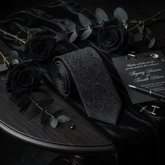 Gravata Luxo Preto Meia-Noite Floral Damasko Em Relevo (Criador carregado)