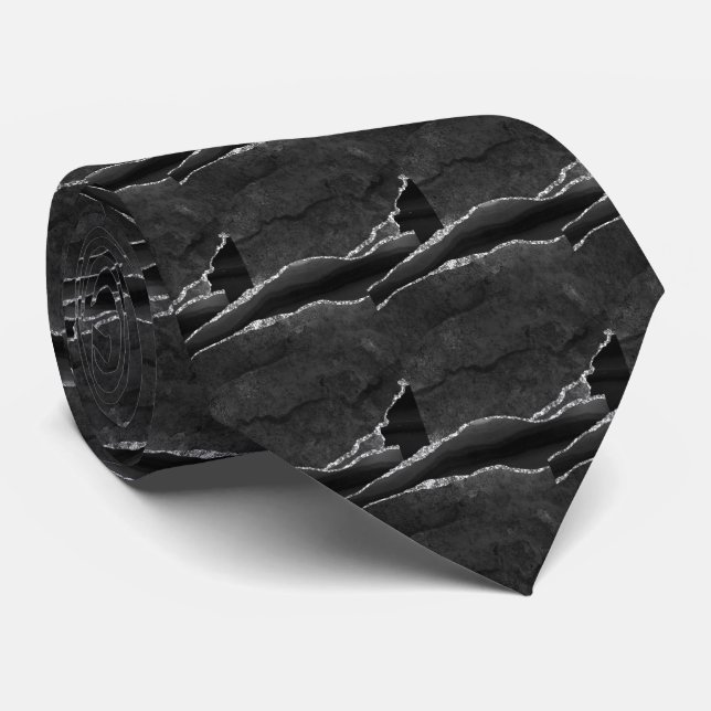 Gravata Luxo Preto Prata Falso Brilho Falsa Seda (Rolled)