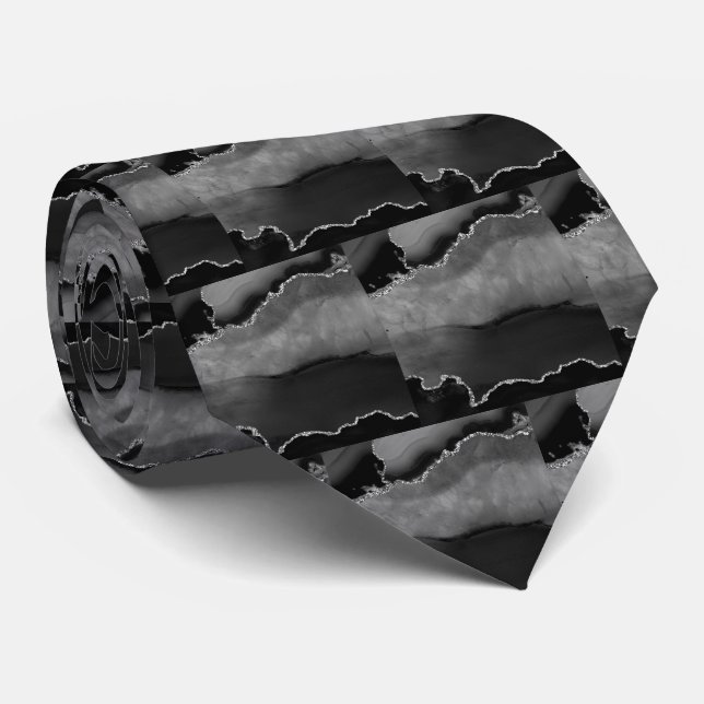 Gravata Luxo Preto Prata Falso Brilho Falso Seda (Rolled)