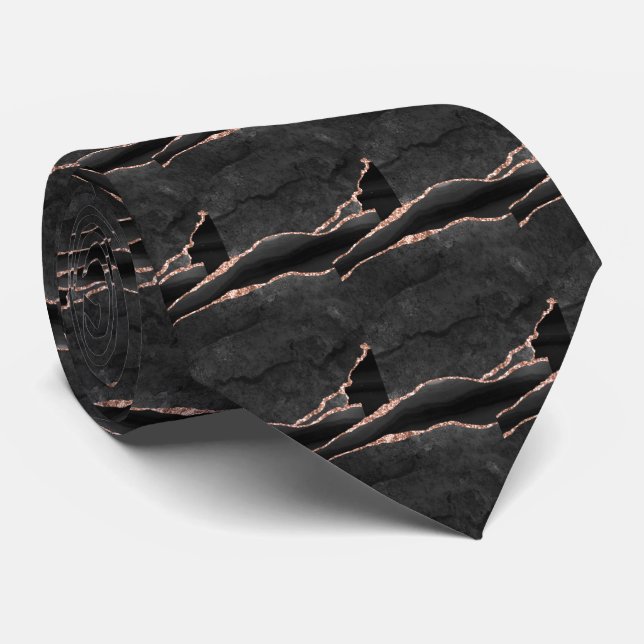 Gravata Luxo Preto Rosa Dourado Falso Brilho Falso Seda (Rolled)