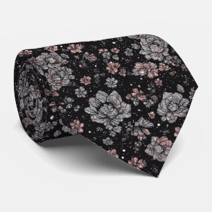Gravata Luxo Preto Rosa Vintage Flores Metálicas Prateadas