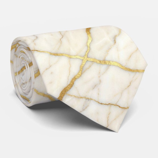 Gravata Luxo Stone Tie | Mármore Branco e Dourado (Rolled)
