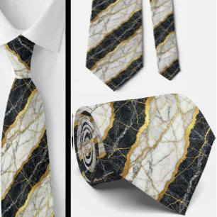 Gravata Luxo Stone Tie   Mármore Preto, Branco e Dourado