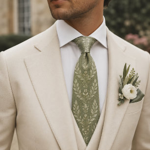Gravata Luxo Verde Sage Botânico Jacquard de Louro Marfim