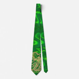 Gravata Luxuosa de Seda Verde Dragão Dourado