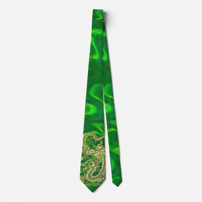 Gravata Luxuosa de Seda Verde Dragão Dourado (Frente)
