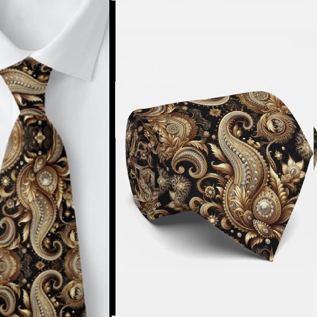 Gravata Luxuosa Preta e Dourada com Paisley e Diam (Criador carregado)