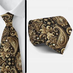 Gravata Luxuosa Preta e Dourada com Paisley e Diam