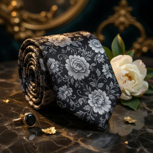 Gravata Luxuoso Damasco Floral Azul Marinho Dourado