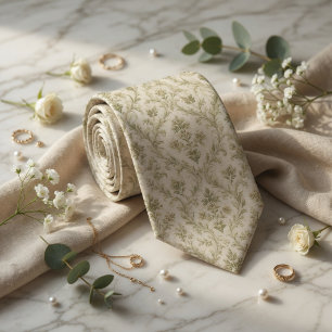 Gravata Luxuoso Toile de Jouy Floral em Verde Salvia em Ja