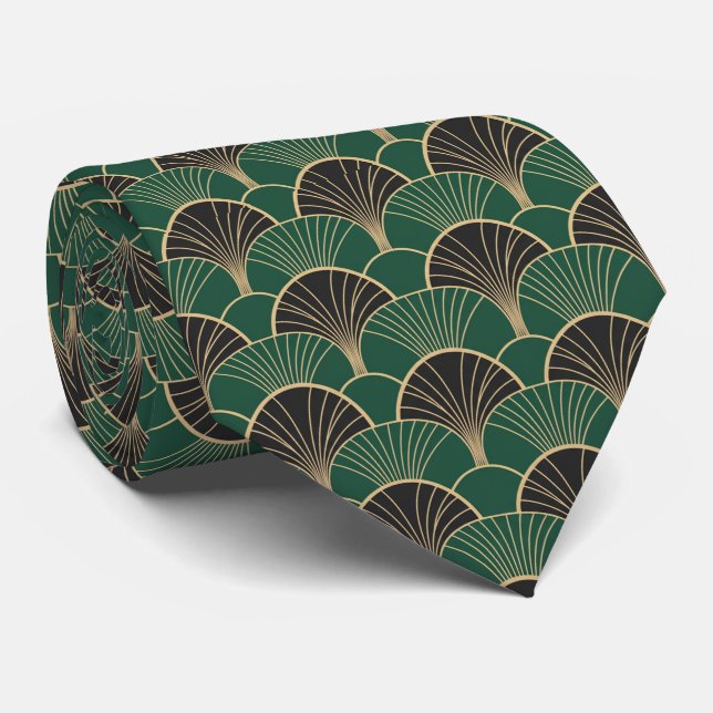 Gravata Luxurious Emerald Green & Gold Art Deco Geometric  (Rolled)