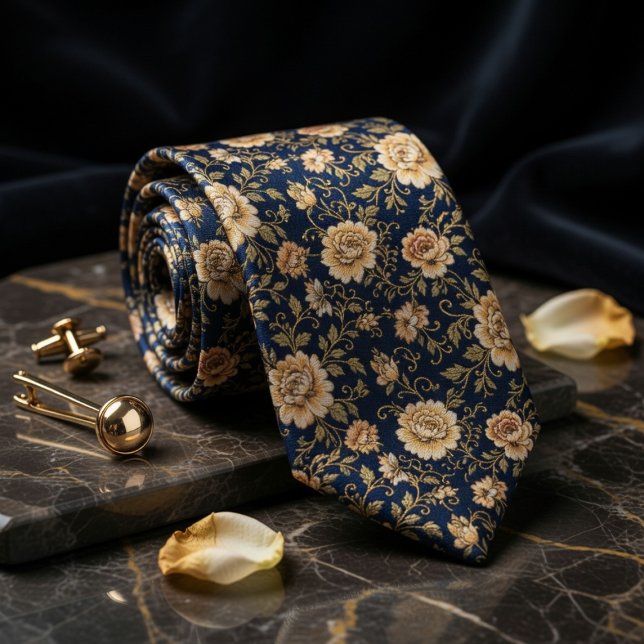 Gravata Luxurious Navy Blue Gold Floral Damask (Criador carregado)