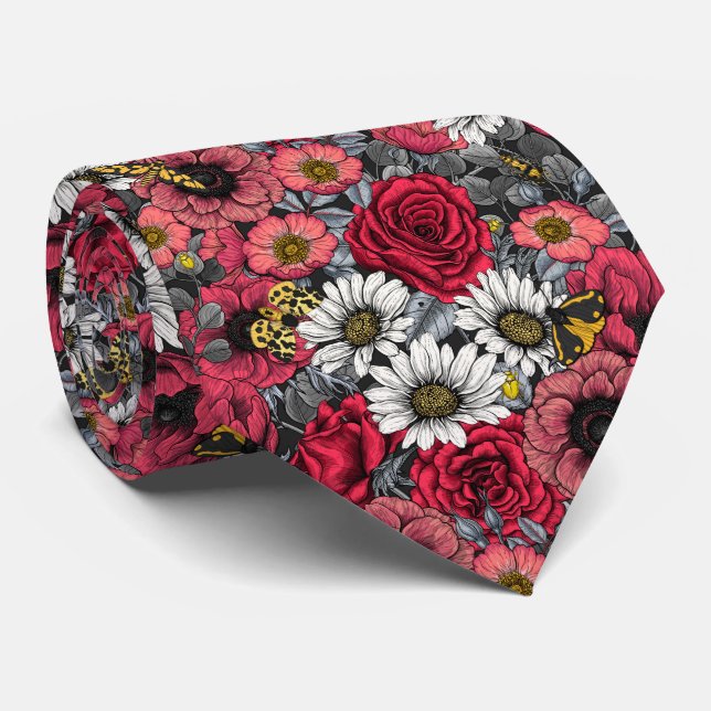 Gravata Luzes sobre mistura de flores em vermelho e cinza (Rolled)