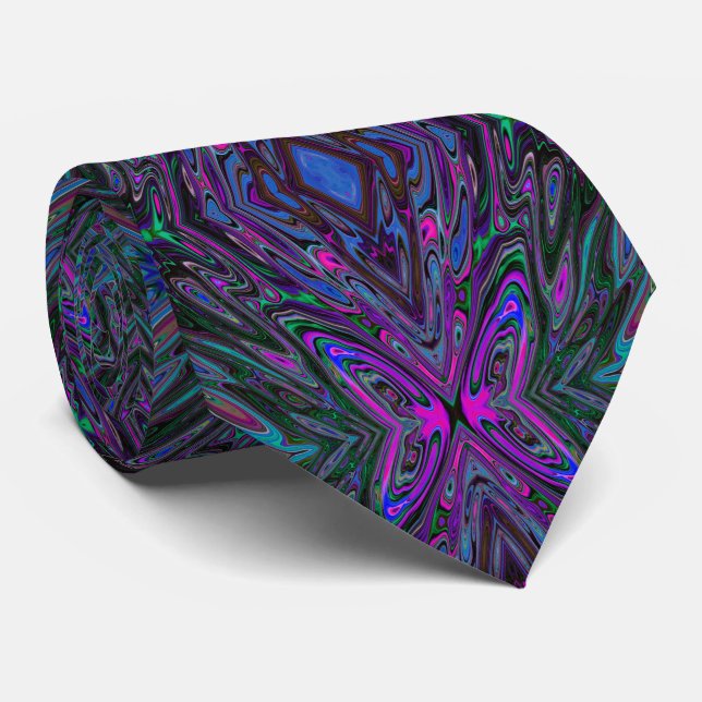 Gravata Magenta Trippy, borboleta Abstrato azul e verde (Rolled)