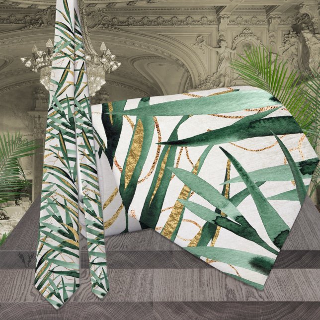 Gravata Majestade Tropical Palm Dourado Fronds Casando Gra (Criador carregado)