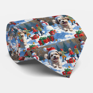 Gravata Malti Tzu Correndo na Neve com Chapéu de Natal