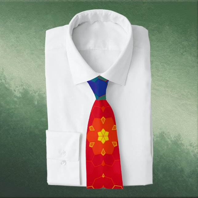 Gravata Mandala Hexagonal Vermelho Amarelo e Azul (Red Yellow and Blue Hexagon Mandala Neck Tie by Wormhole Orbital)