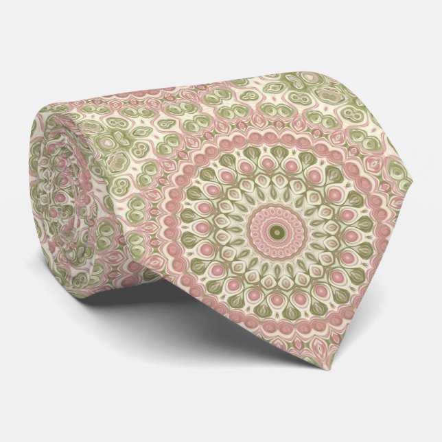 Gravata Mandalá Medalhão em Rosa e Verde Oliva (Rolled)
