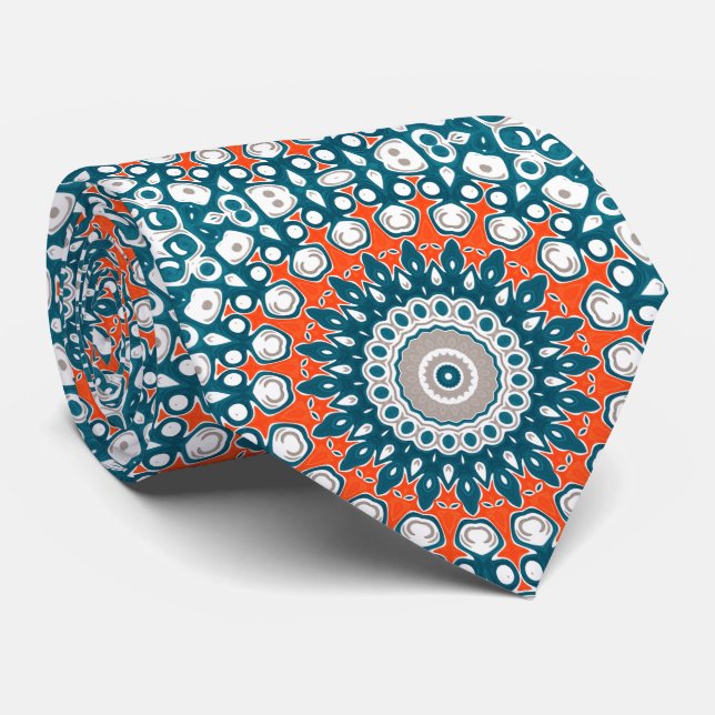 Gravata Mandalala Geométrico Azul Turquesa e Laranja (Rolled)