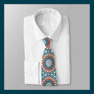 Gravata Mandalala Geométrico Azul Turquesa e Laranja