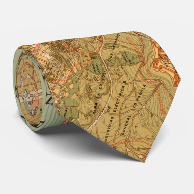 Gravata Mapa da Vintage da Espanha de Barcelona (1919) (Rolled)
