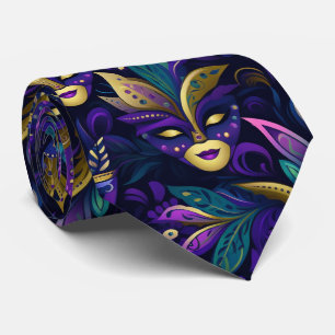 Gravata Mardi Gras com máscaras amarelas ouros