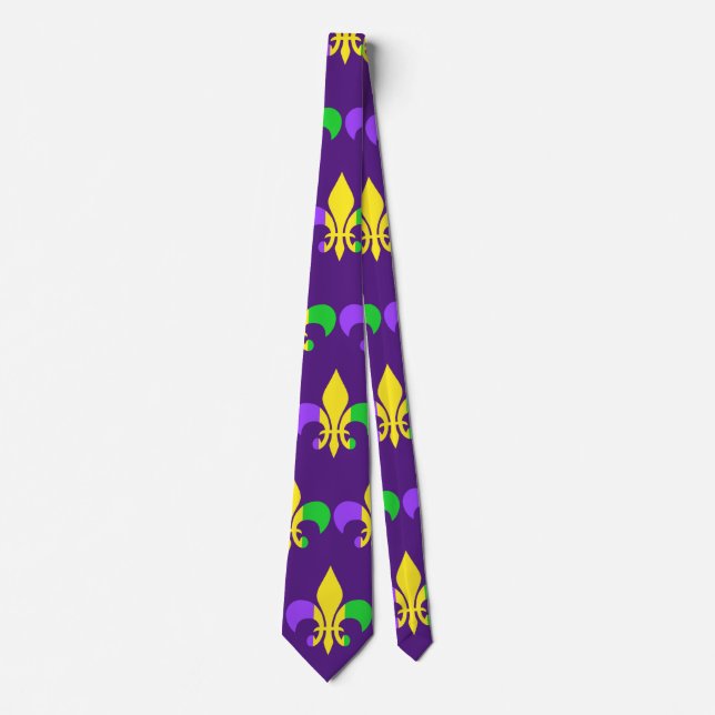 Gravata Mardi Gras Green Yellow Purple Fleur-de-Lis (Frente)