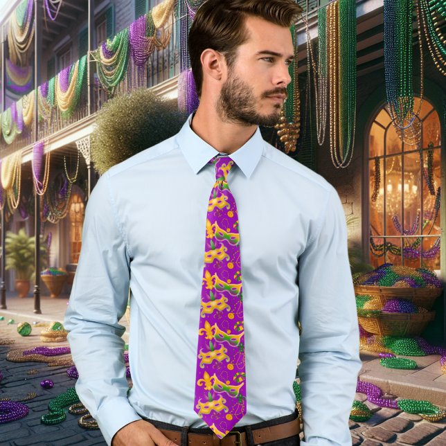 Gravata Mardi Gras Mask Fleur de Lis Miçanga King Cake (Criador carregado)