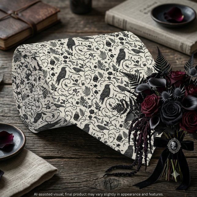 Gravata Marfim Preto Profundo Gótico Mal-humorado Corvo (Raven print necktie and dark floral bouquet for the alternative groom's gothic wedding.)