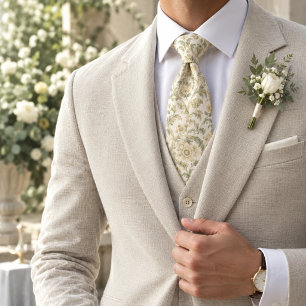 Gravata Marfim Sage Manteiga Amarela Floral Damask