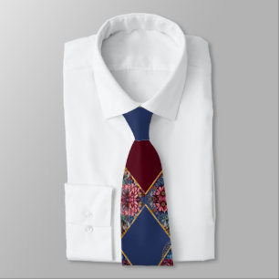Gravata Marinho Argyle Watercolor Peonies Floral Faux Dour
