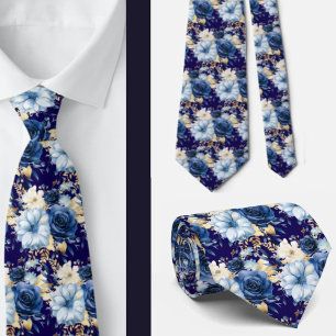 Gravata Marinho Azul Dourado Floral Flor Aquarela Casament