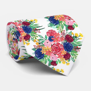 Gravata Marinho Blue e Red Watercolor Boho Chic Flowers