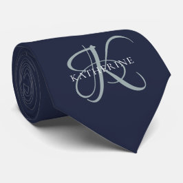 Gravata Marinho de Script Monograma Elegante Moderno Azul