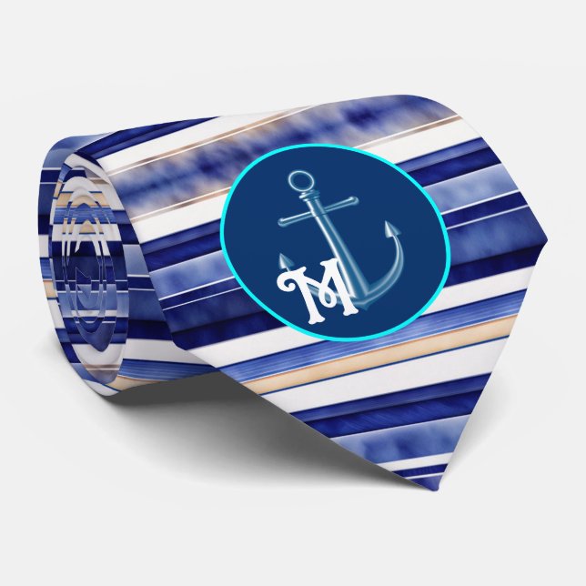 Gravata Marinho de Verão Blue Modern Boat Strips Coleção (Rolled)