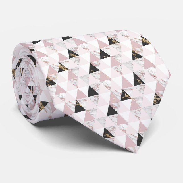 Gravata Mármaco branco preto rosa e Dourado, geométrico ma (Rolled)