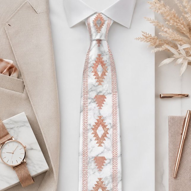 Gravata mármore branco azteca dourado rosa minimalista abs (abstract minimalist rose gold aztec white marble neck tie)