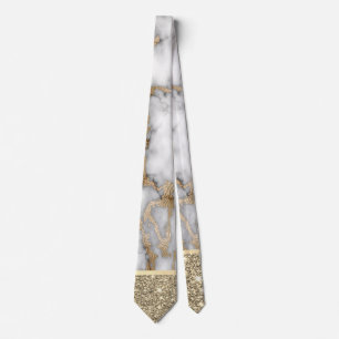 Gravata Mármore Branco Brilhante Glitter Dourado Elegante 