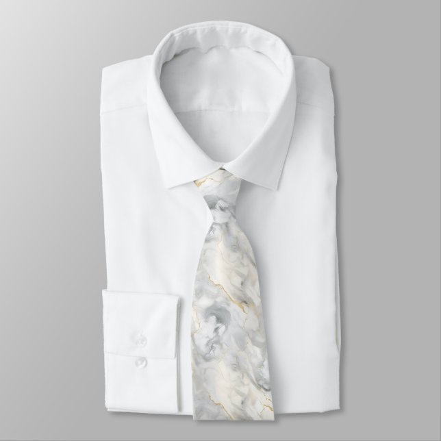 Gravata Mármore Branco Cinza Dourado Redemoinho Casamento  (Amarrado)