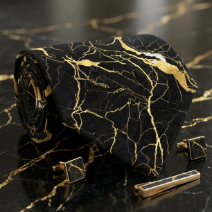 Gravata Mármore Preto e Veias Douradas Padrão Elegante