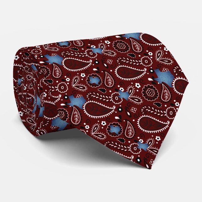 Gravata Maroon Bandana e Denim Texas Neck Tie (Rolled)