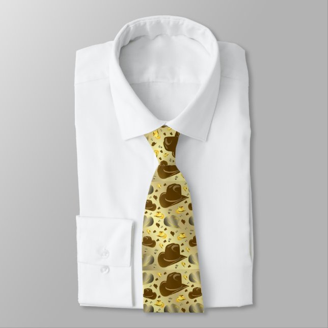 Gravata marrom, padrão dourado de pequenos chapéus de cowb (Amarrado)